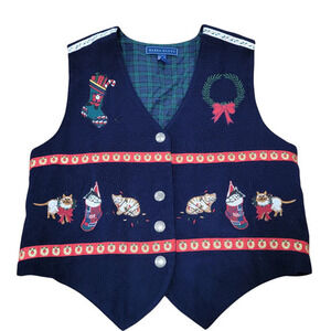Karen Scott Acrylic Christmas Embroidered Vest Blue‎ size Large Holiday Cats